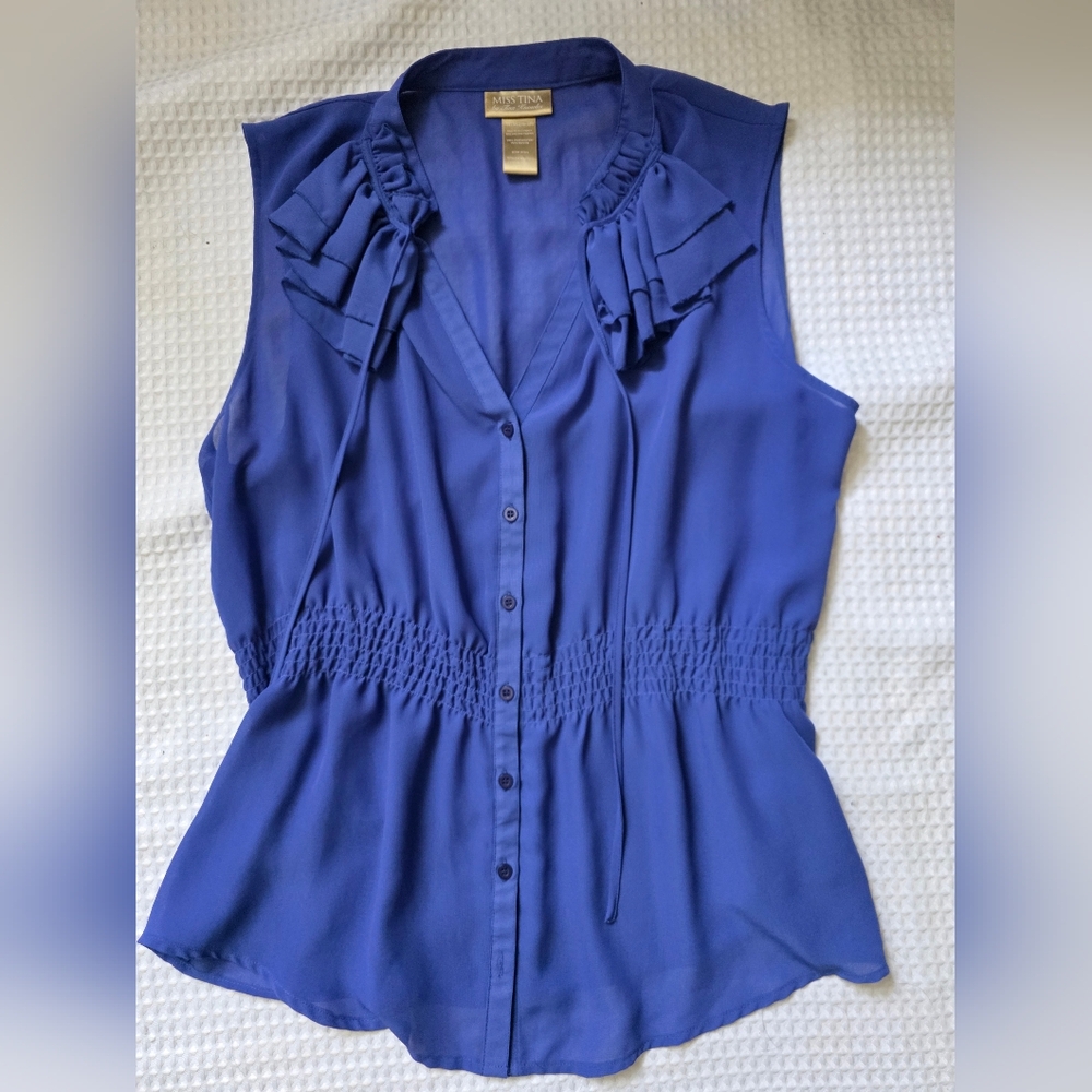 5/25$ - Miss Tina Blue Sleeveless Ruffled Blouse